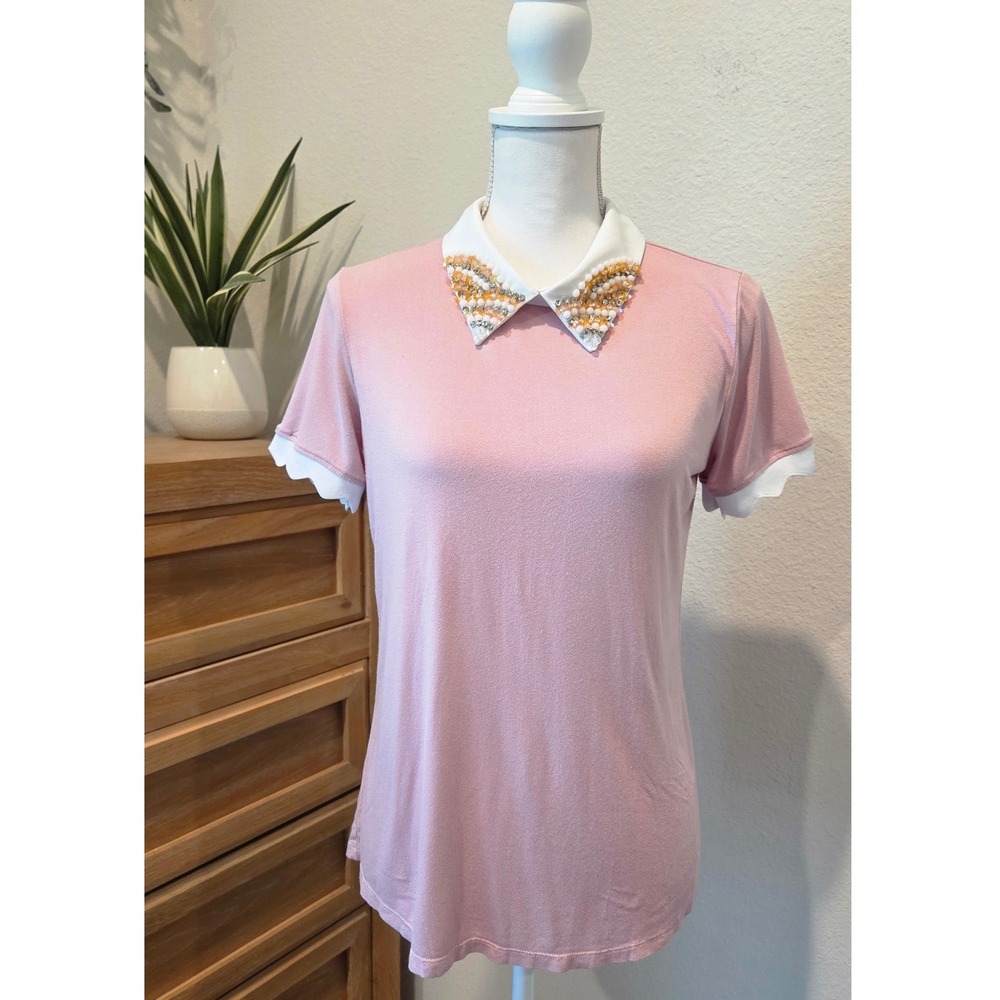 Misia Beaded Peter Pan Collar‎ Top Scalloped Sleeve Pink Coquette Preppy Small